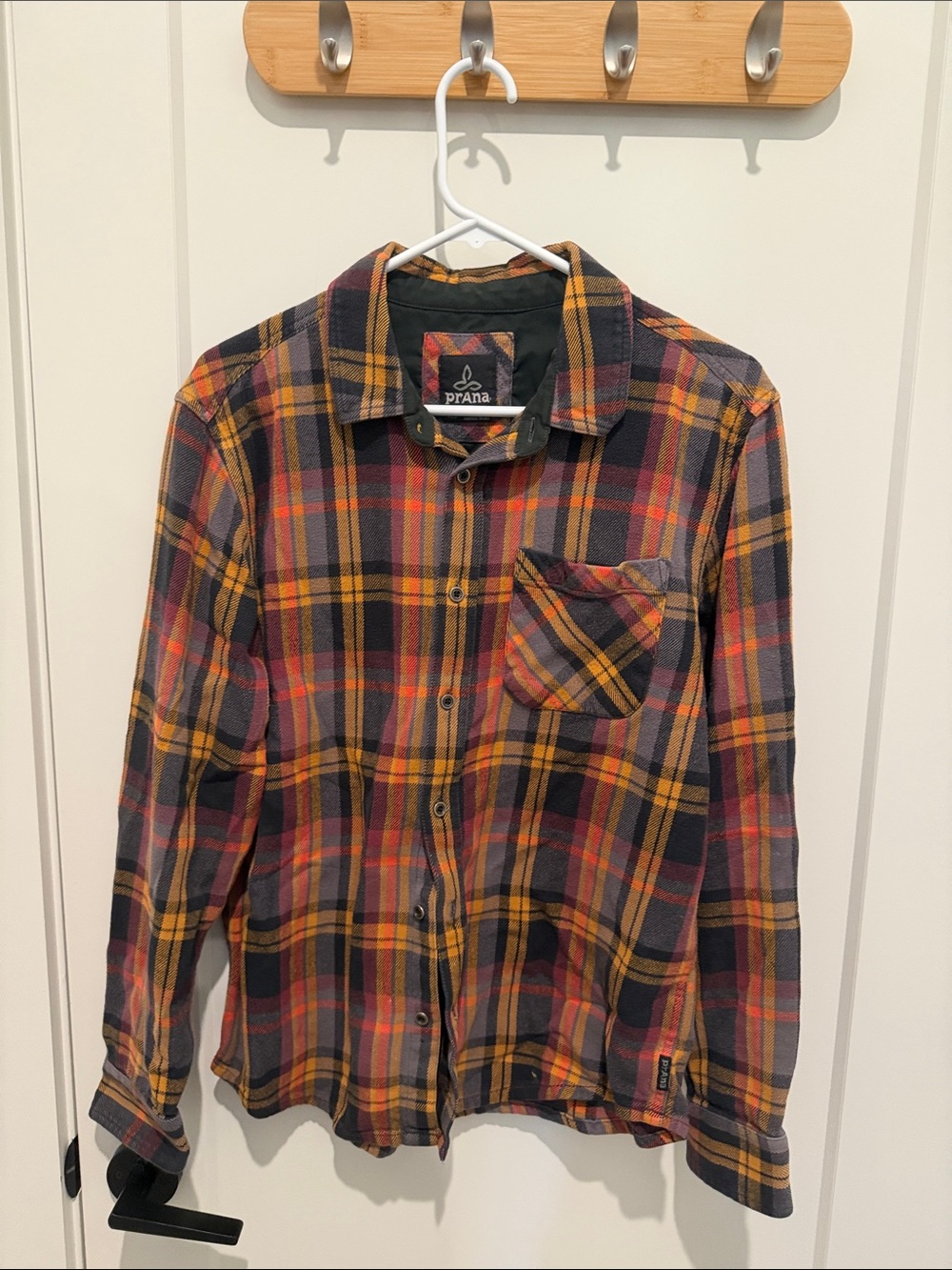 Prana Plaid Flannel Shirt in Yellow, Black & Red-Orange